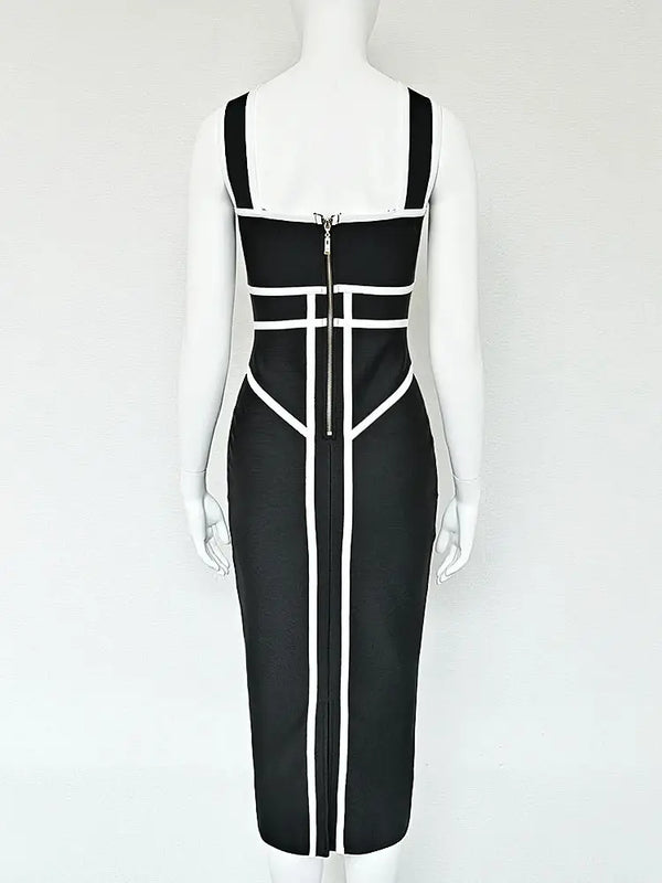 BEAUKEY Classic White And Black Stripes Bandage Long Evening Dress Luxury Contrast Vintage Woman Bodycon Elastic Dress Slim Midi