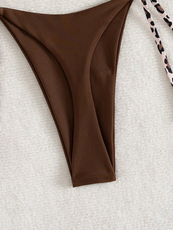 Women's Sexy Solid Halter Bikini Set Lace-Up Low Waist Two-Piece Triangle Thong Swimwear Leopard Tie On Side Brazilian Biquinis