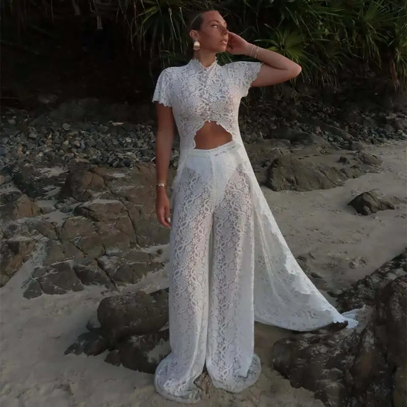 Fiora Sheer Floral-Lace Wide-Leg Pants Set Two-piece