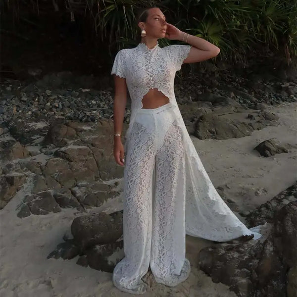 Fiora Sheer Floral-Lace Wide-Leg Pants Set Two-piece
