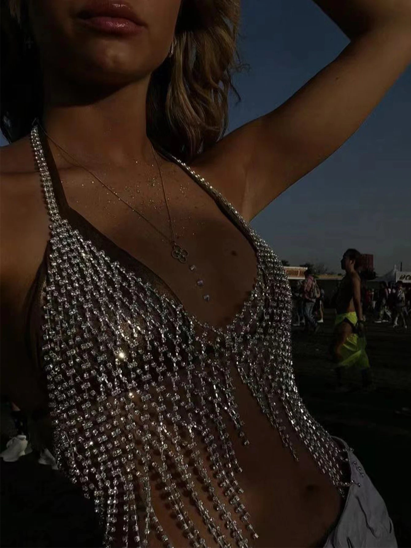 Sexy see through rhinestone crop top women summer street wear halter tank top 2026 club party tops hotwife rave festival outfit