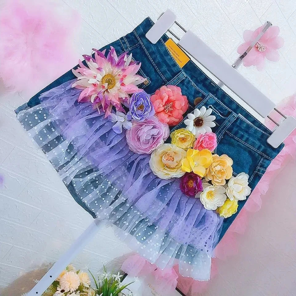Flora 3D Floral Denim Shorts Apparel One-piece
