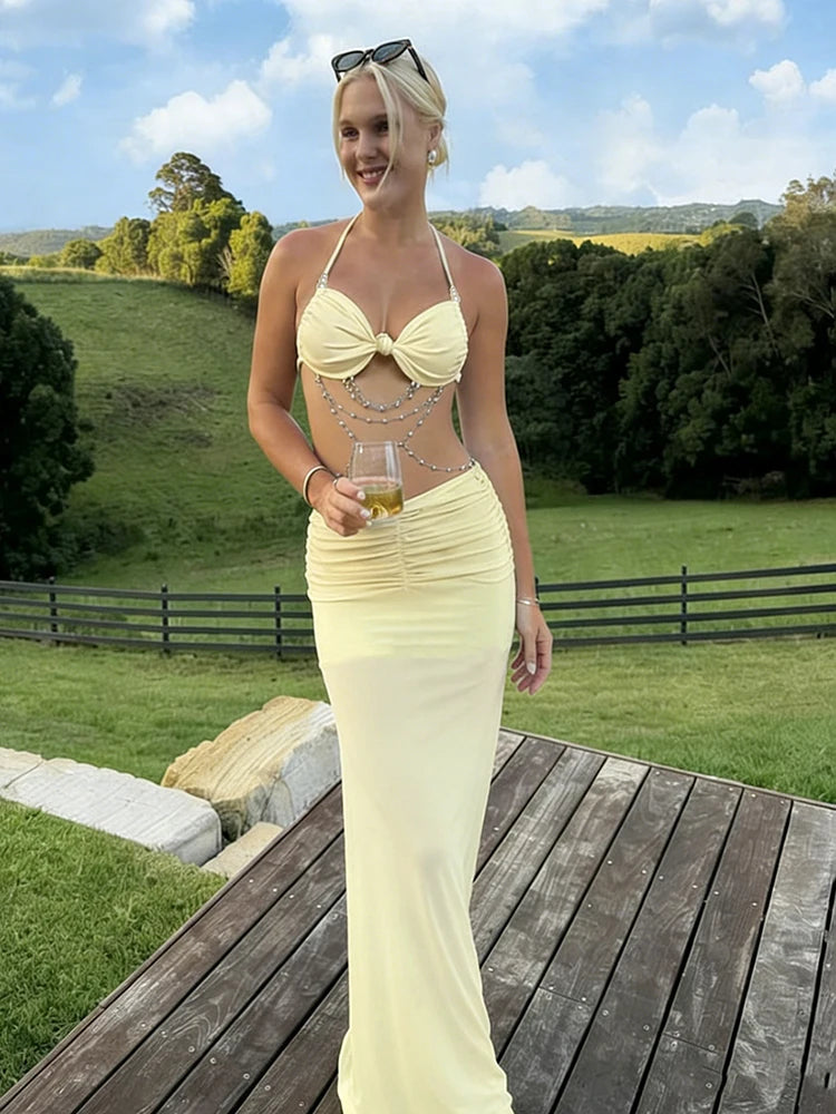 Blythe Lace Beaded Halter Maxi Skirt Set Two-piece