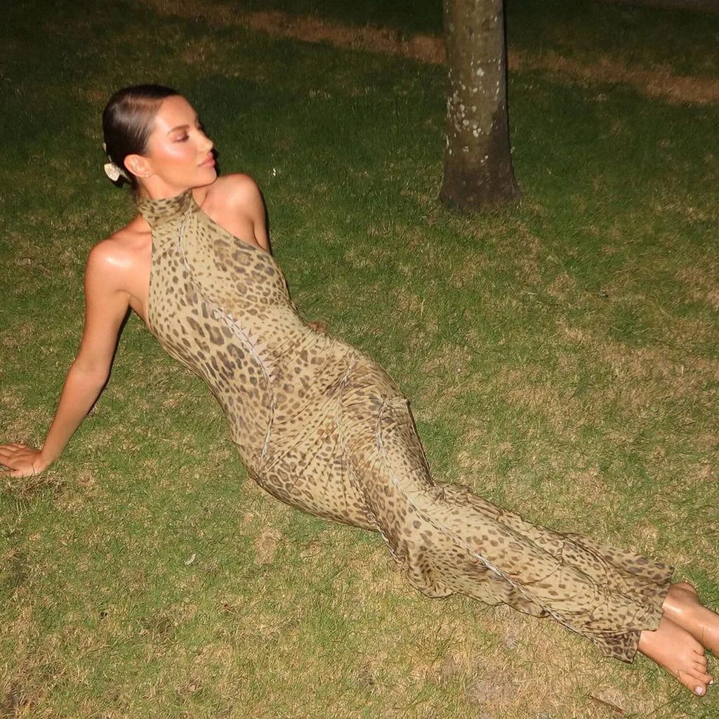 Leopoldine Leopard Print Halter Backless Bodycon Maxi Dress