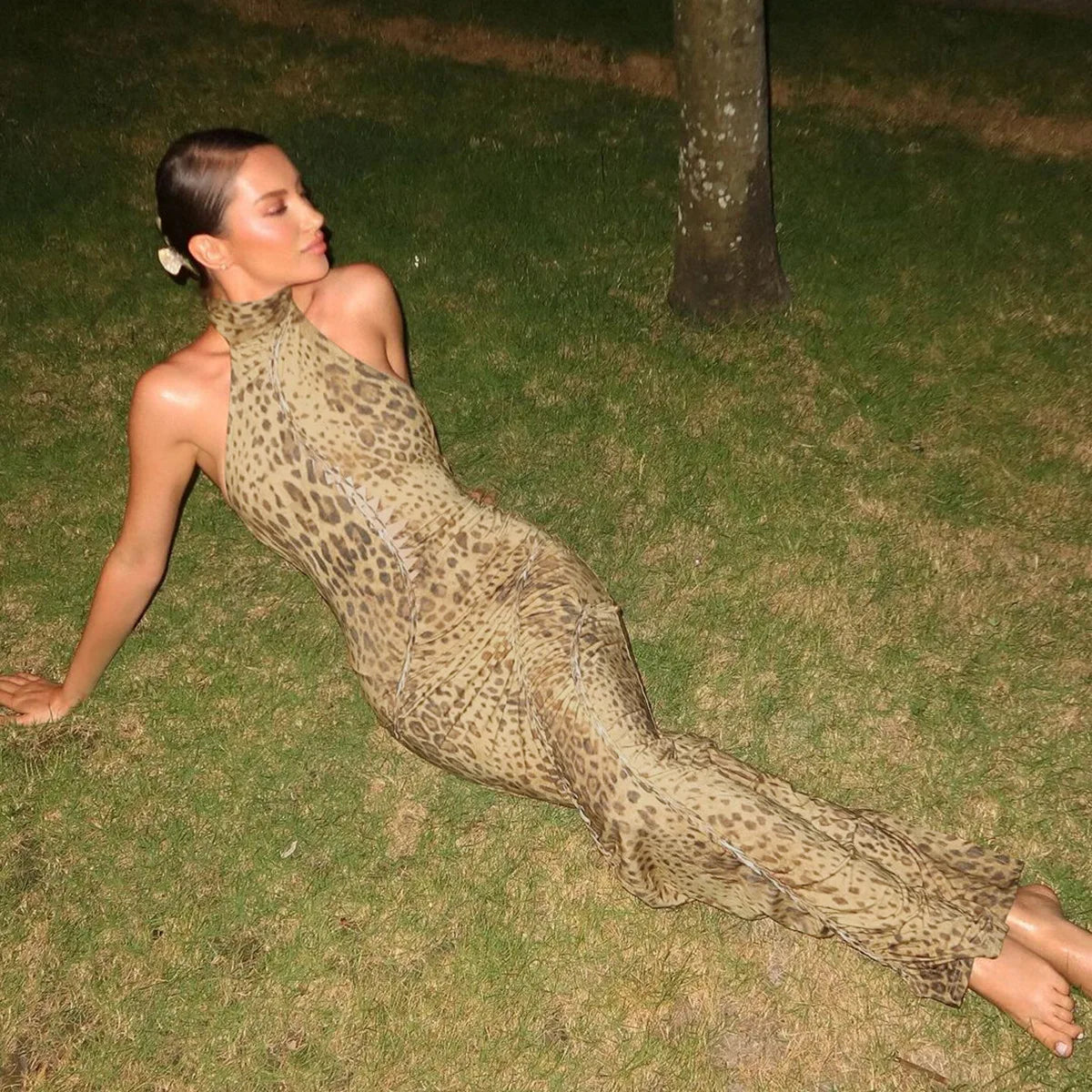 Leopoldine Leopard Print Halter Backless Bodycon Maxi Dress