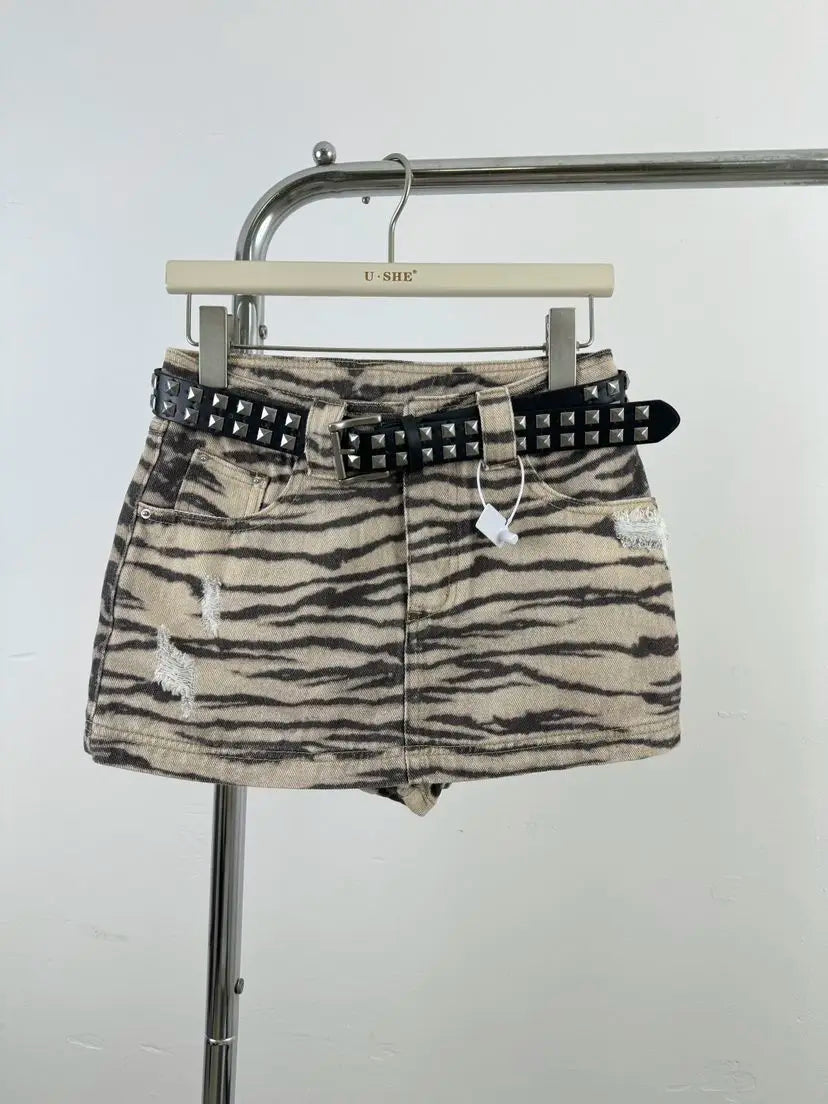 Henrike Zebra Print Distressed Denim A-Line Mini Skirt One-piece
