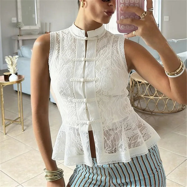 Mina Sheer Lace Mandarin Collar Peplum Top