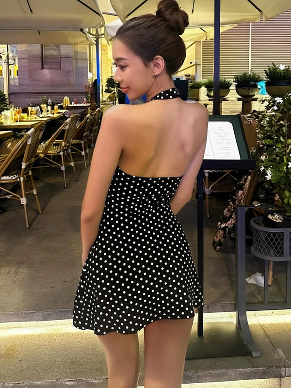 Zinnia Polka-Dot Backless Halter Mini Dress