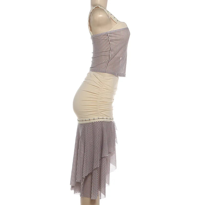 Sienna Striped Asymmetrical Cami Midi Skirt Set Two-piece