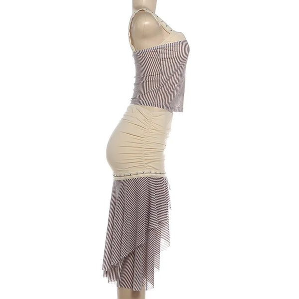 Sienna Striped Asymmetrical Cami Midi Skirt Set Two-piece