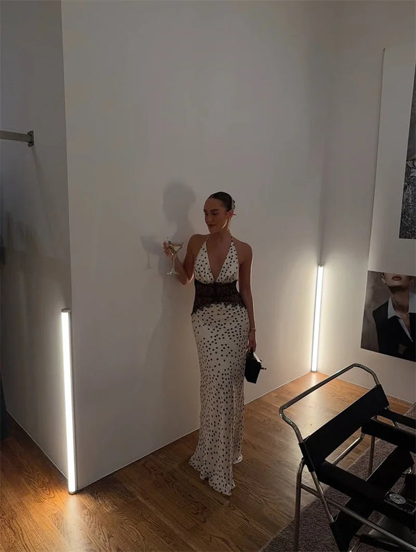 Cecelia Noir Lace Polka Halter Maxi Dress