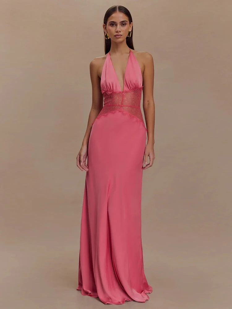 Pervinca Lace-Panel Satin Plunge Halter Backless Maxi Dress