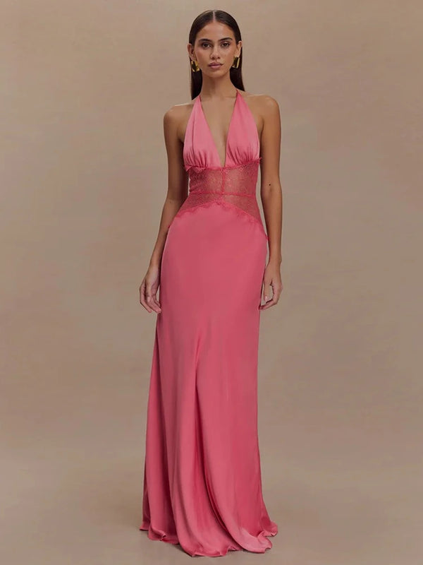 Pervinca Lace-Panel Satin Plunge Halter Backless Maxi Dress