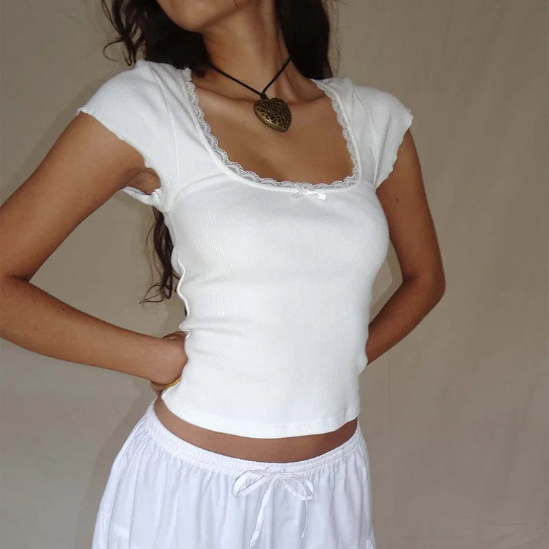 Maisie Lace-Trim Square-Neck Baby Tee One-piece