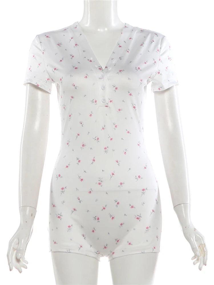 Kliou Casual Fashion Playsuits Woman Floral Print Button V-Neck Short Sleeve Skinny Stretch Summer Street Elegant Style Rompers