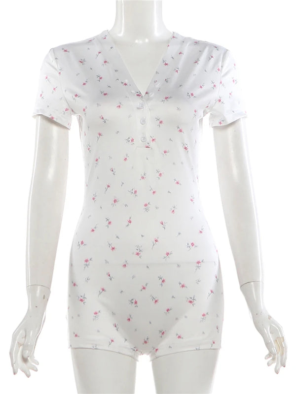 Kliou Casual Fashion Playsuits Woman Floral Print Button V-Neck Short Sleeve Skinny Stretch Summer Street Elegant Style Rompers