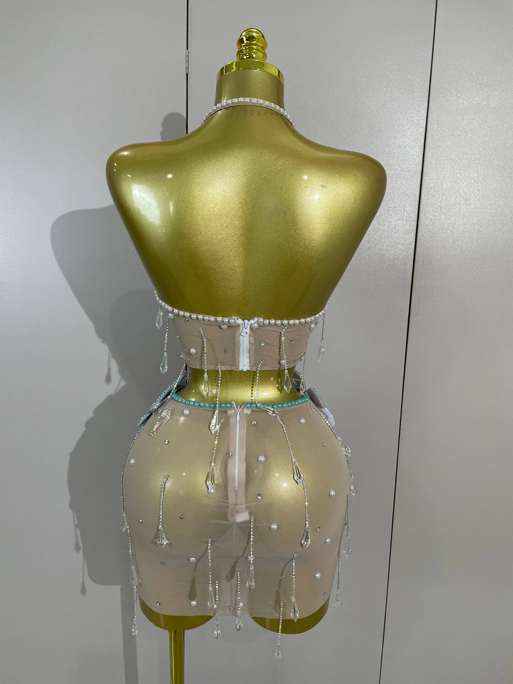 Esmeralda Crystal Fringe Flower Bra Top & Mini Skirt Two-piece