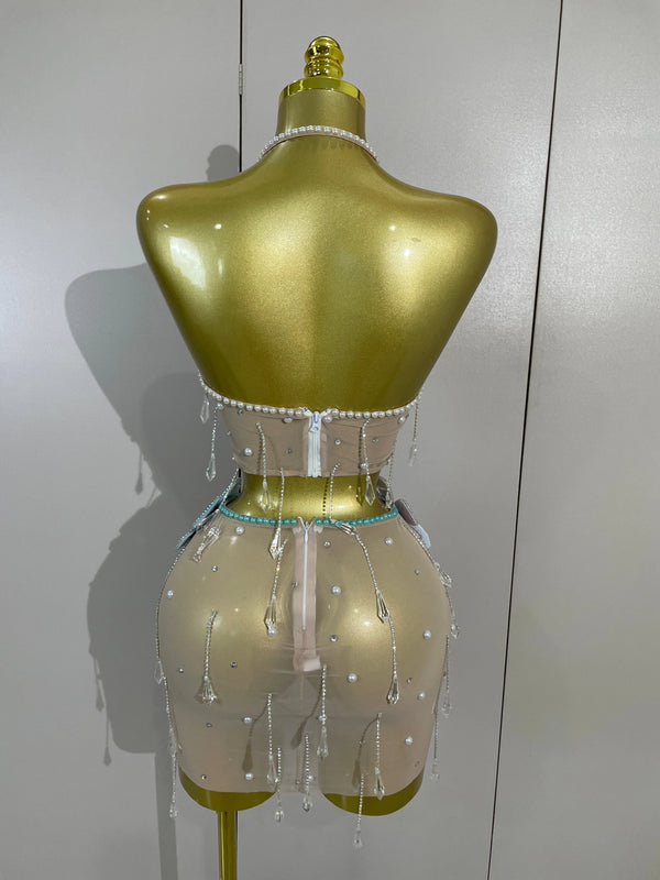 Esmeralda Crystal Fringe Flower Bra Top & Mini Skirt Two-piece