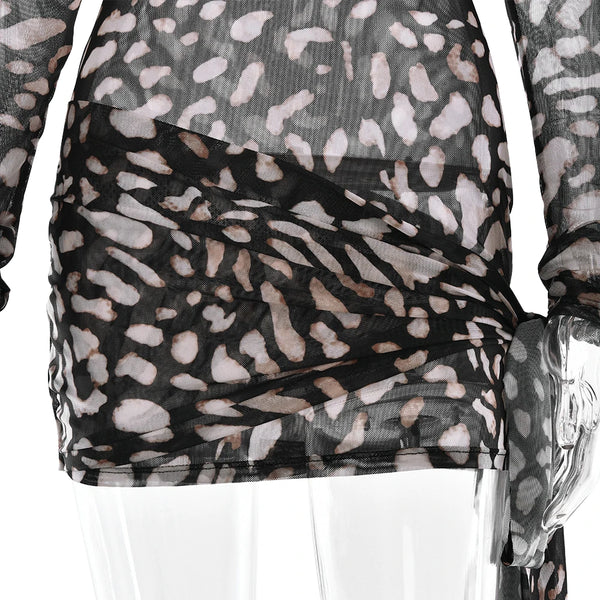 Mireille Sheer Leopard Long-Sleeve Mini Dress