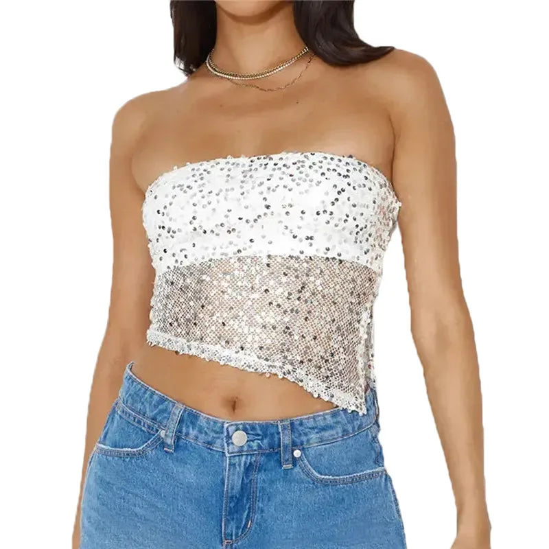 hirigin Women's Sequin Tube Tops Summer Off Shoulder Backless Sleeveless Asymmetrical Hem Shirt Sparkling Party Club Crop Top
