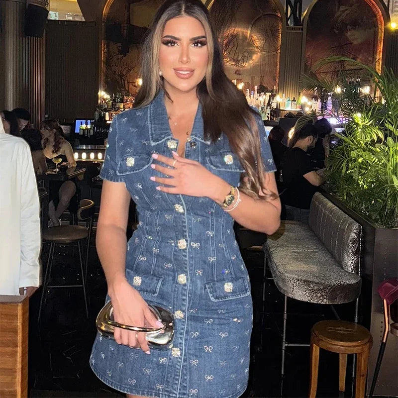 Denim Darling Printed Collared Mini Dress