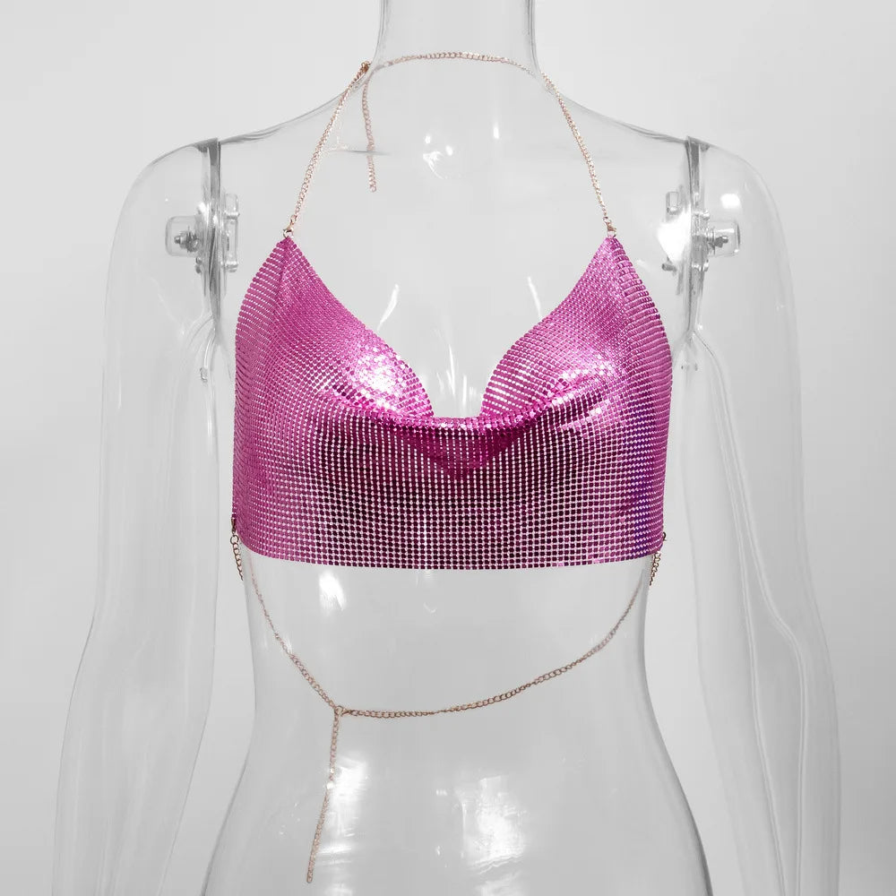 Electra Metallic Sequin Halter Backless Crop Top One-piece