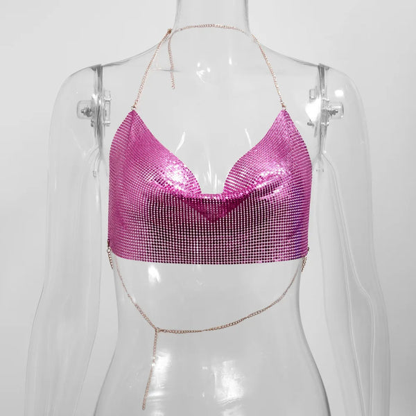 Electra Metallic Sequin Halter Backless Crop Top One-piece