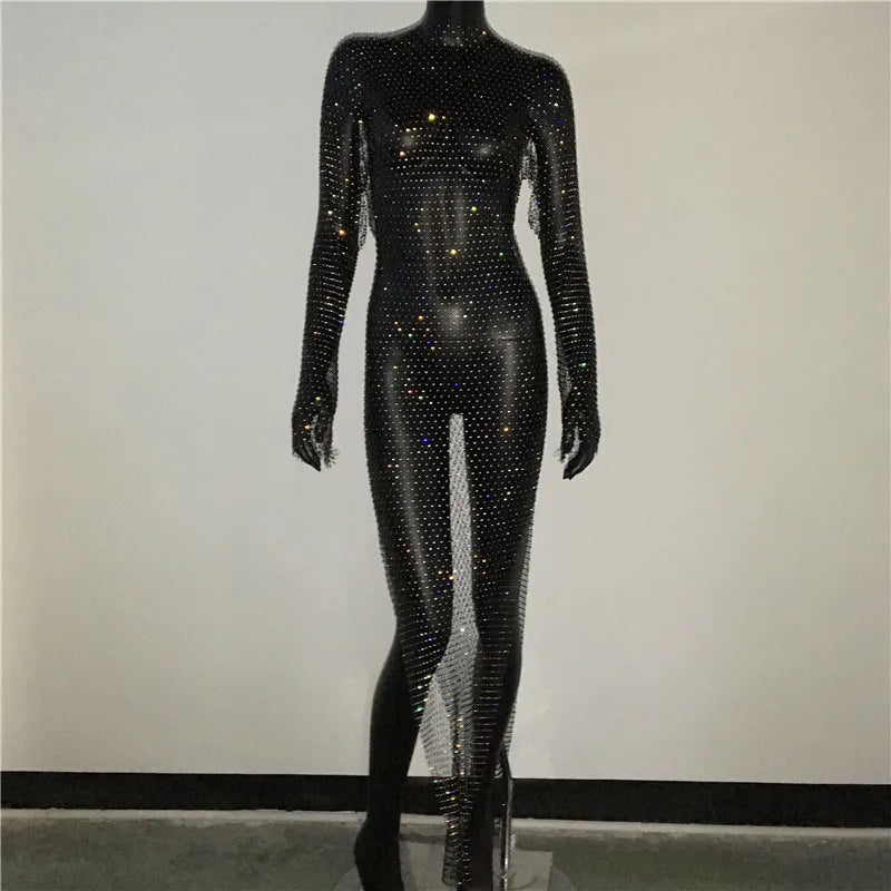 Celestine Rhinestone Fishnet Long-Sleeve Beach Cover-Up One-piece