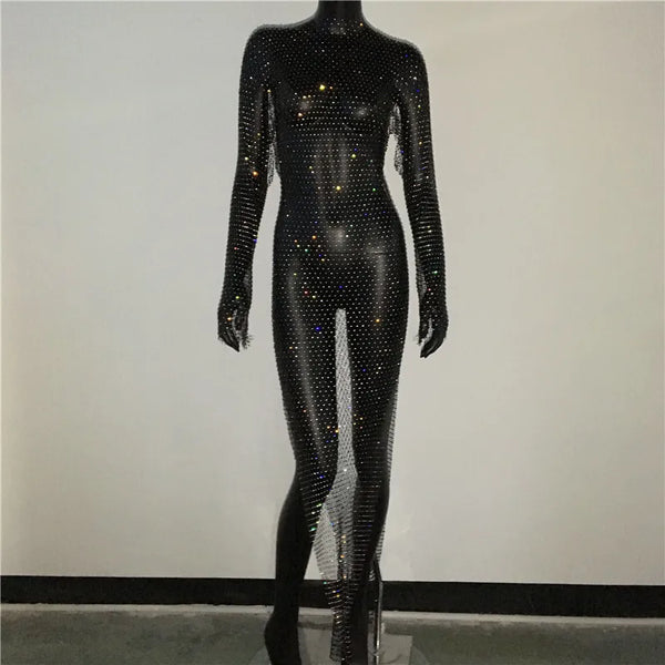 Celestine Rhinestone Fishnet Long-Sleeve Beach Cover-Up One-piece