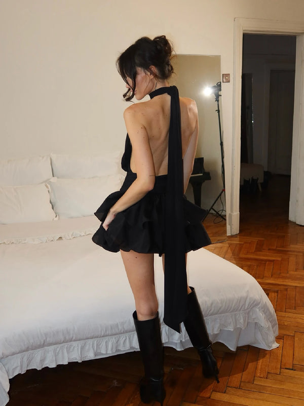 Violetta Chiffon Ruched Halter Mini Dress