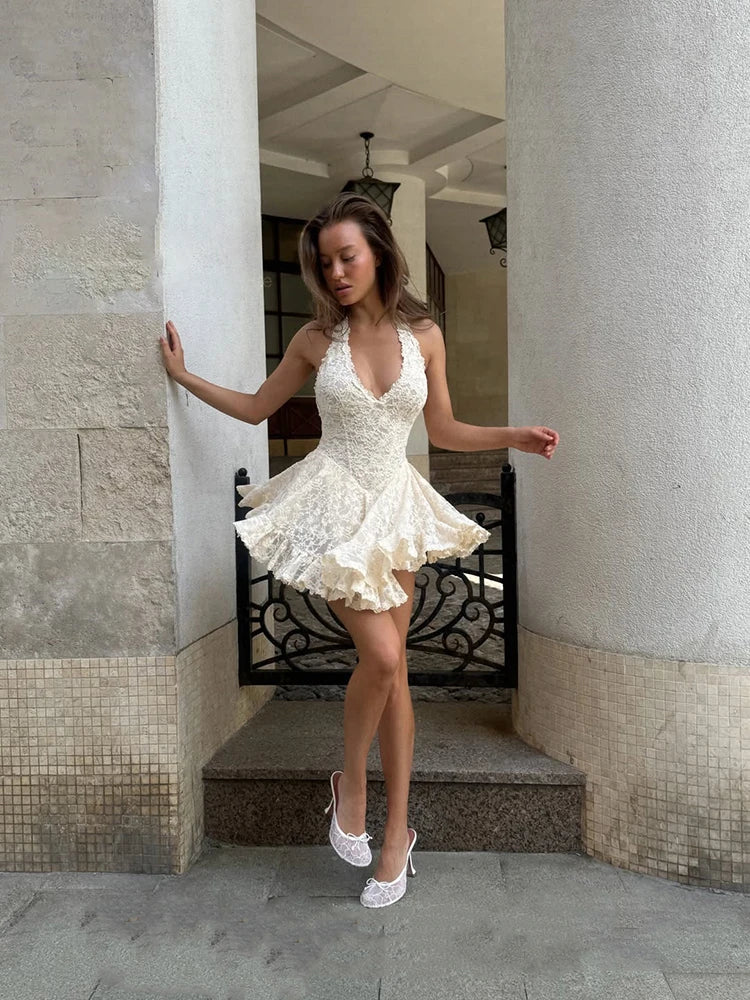 Zilpah Lace Halter V-Neck A-Line Mini Dress