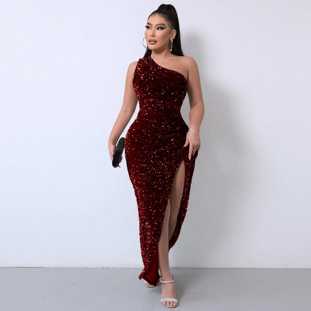 Yissang One Shoulder Wrap Split Thigh Sequin Formal Dress Medium Black Dress Wrap Hip Dress Party Dress Importan Occasion Dress