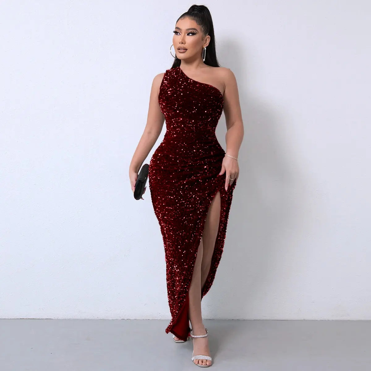 Yissang One Shoulder Wrap Split Thigh Sequin Formal Dress Medium Black Dress Wrap Hip Dress Party Dress Importan Occasion Dress