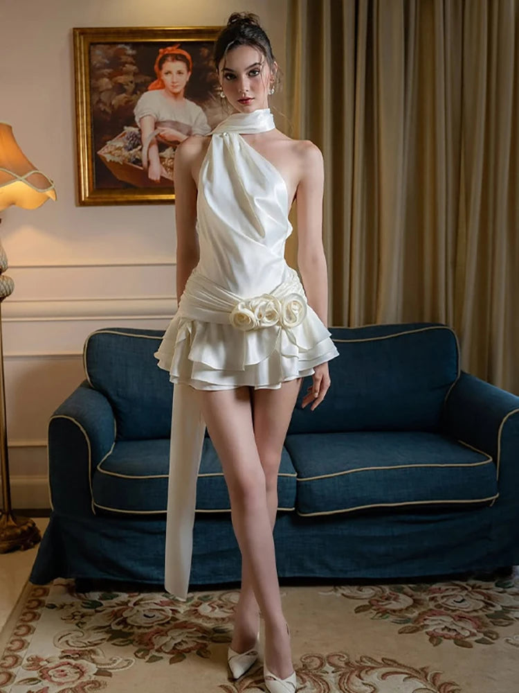 Yvette 3D Floral Satin Halter Mini Dress