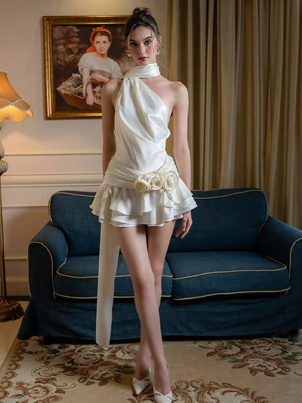 Yvette 3D Floral Satin Halter Mini Dress