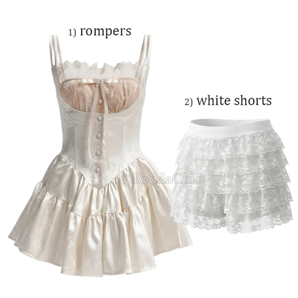 Fenella Satin Floral Jacquard Lace-Trim Corset Romper One-piece