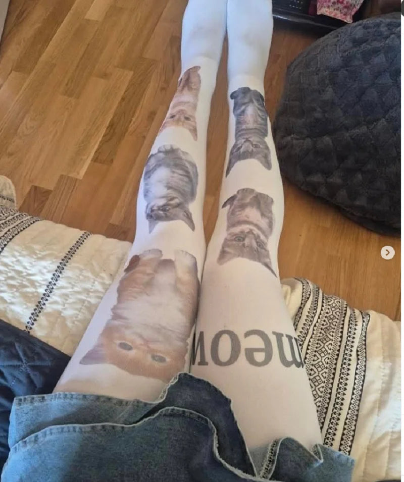Meow Cat-Print Graphic Pantyhose