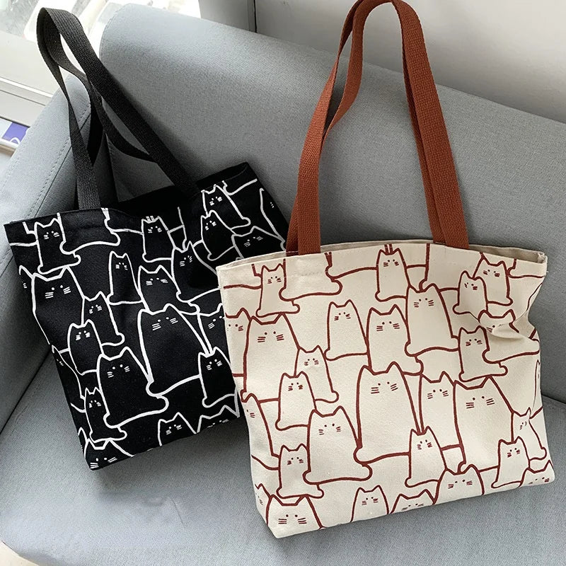 Canvas Handbag For Women 2023 Fashion Cute Cat Tote Messenger Bags With Zipper Designer Bag Ladies Cartoon Shoulder Shopper Bags