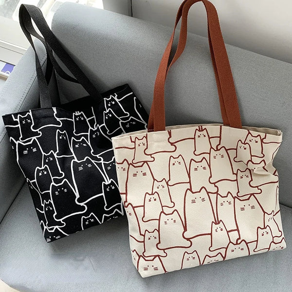 Canvas Handbag For Women 2023 Fashion Cute Cat Tote Messenger Bags With Zipper Designer Bag Ladies Cartoon Shoulder Shopper Bags