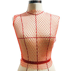 Leqoel Sexy Mesh Crop Tops for Women 2022 Summer Rhinestones Fashion Party See Through Fishnet Tank Hollow Out Backless Top New