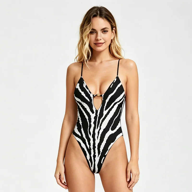 Amarante Zebra Print Deep-V Plunge Monokini One-piece