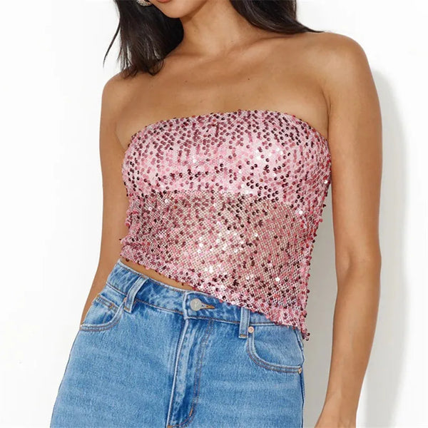 hirigin Women's Sequin Tube Tops Summer Off Shoulder Backless Sleeveless Asymmetrical Hem Shirt Sparkling Party Club Crop Top