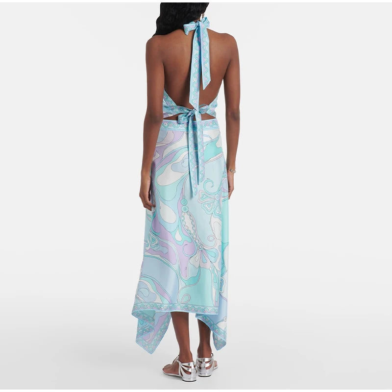 Ermengarde Print Halter Bow Backless Top & Long Skirt Set