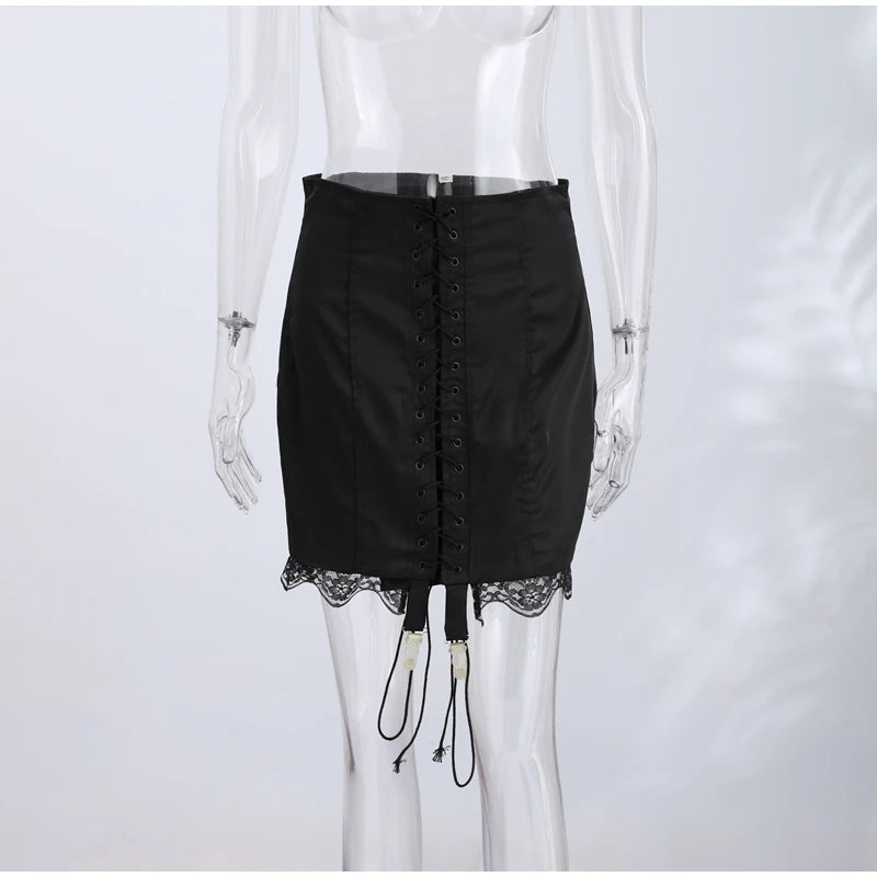 Ghislaine Satin Lace-Up Corset Mini Skirt with Lace Trim One-piece