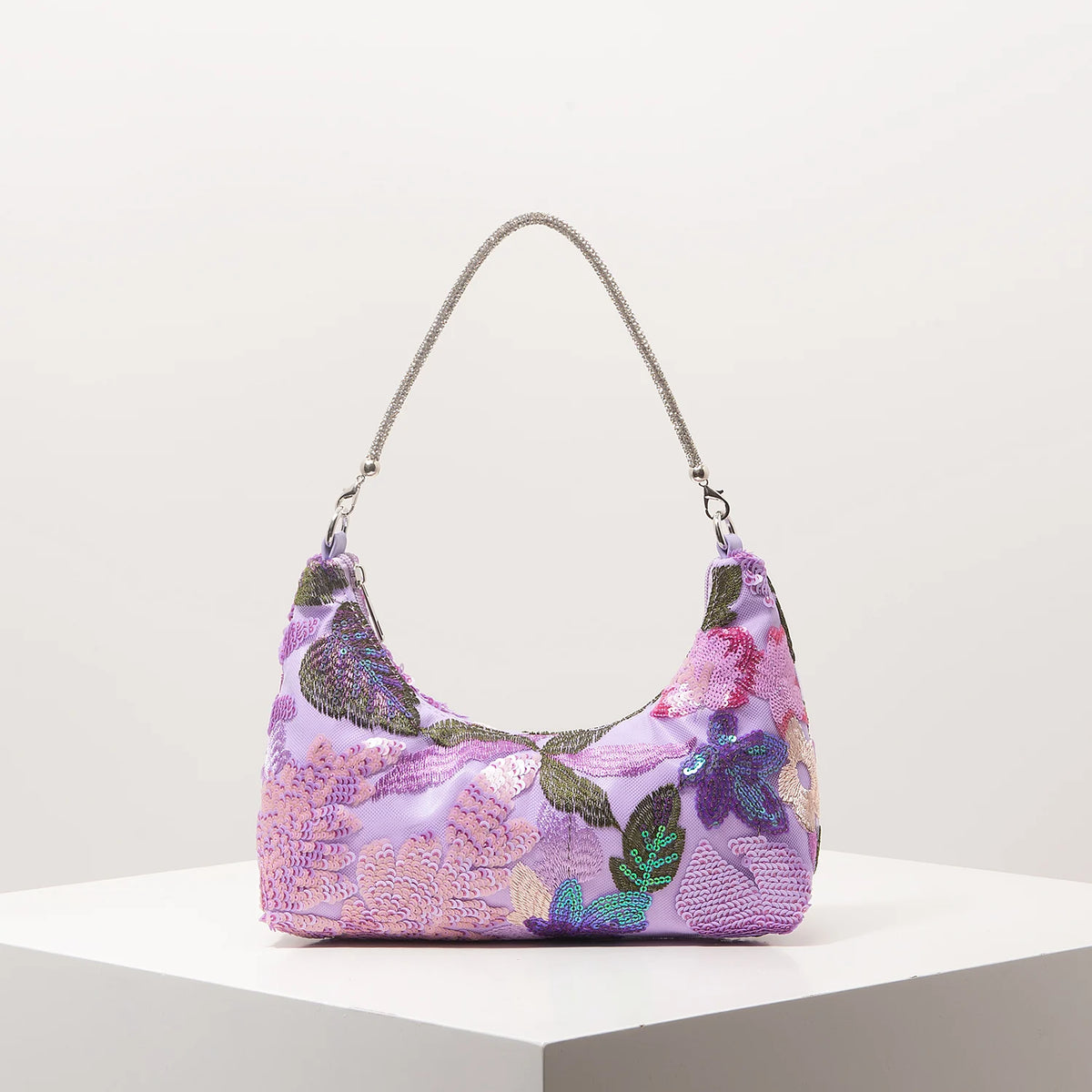 Florentina Floral Sequin Embroidered Half-Moon Shoulder Bag