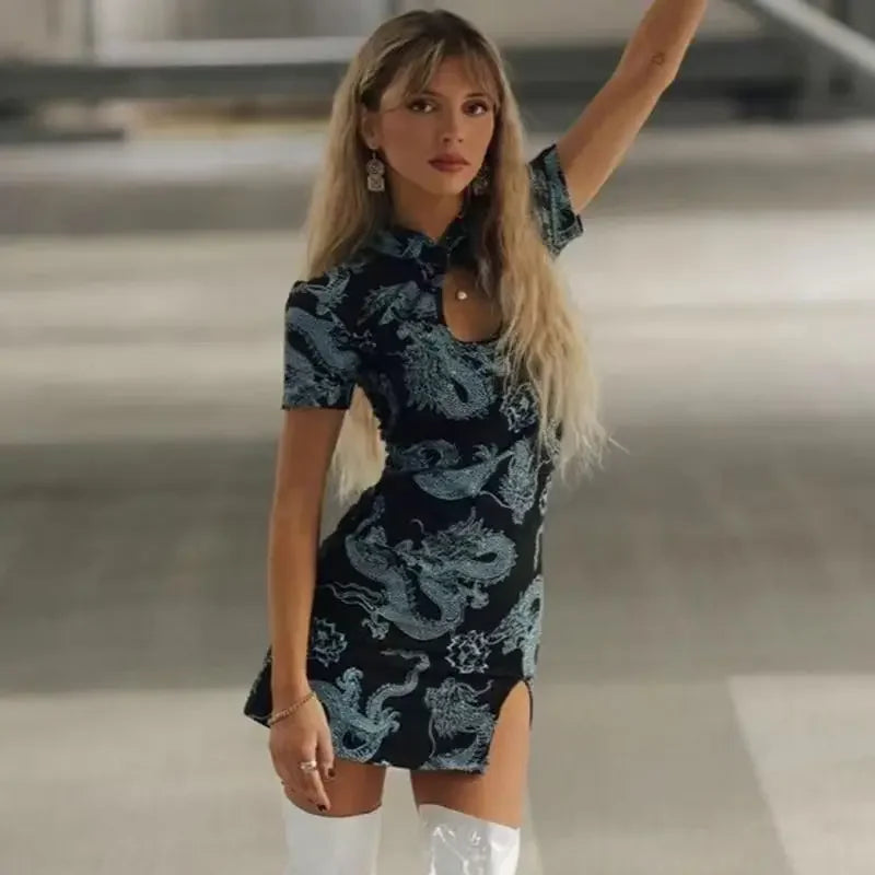 Xiaolan Dragon Print Keyhole Mandarin-Collar Qipao Bodycon Mini Dress