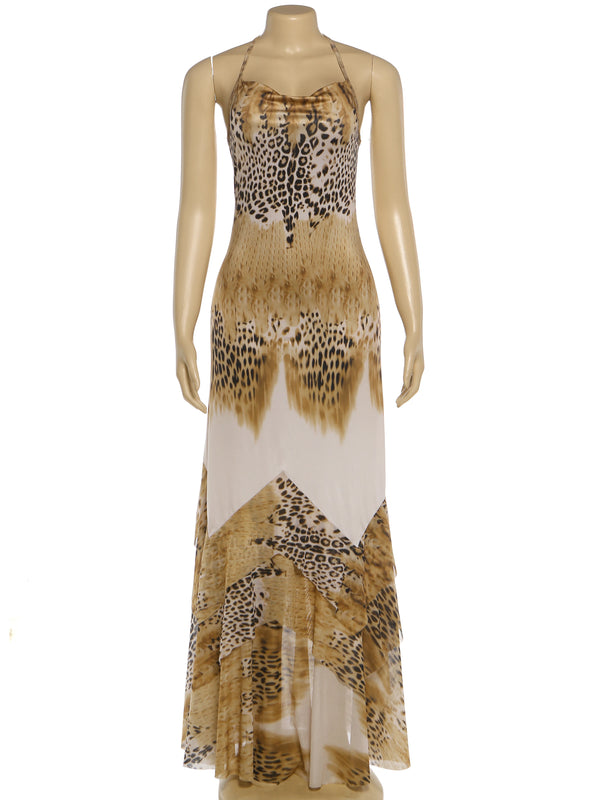 Savanna Leopard Lace-Up Halter Maxi Dress