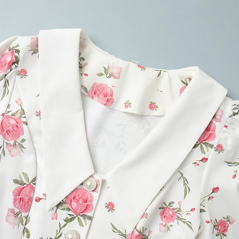 Gisella Floral Collared Puff-Sleeve Pearl-Button Ruffle Mini Dress