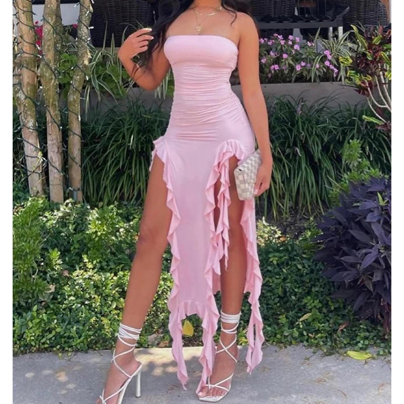 Luna Asymmetric Ruffle Slit Maxi Dress One-piece