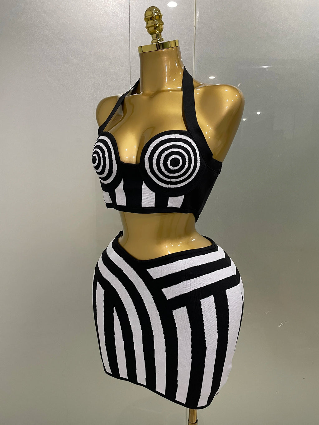 Dagmar Striped Jacquard Bandage Halter Crop Top & Bodycon Mini Skirt Two-piece